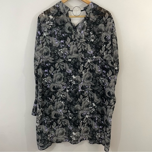 MBLM Longline Tunic Blouse Women’s 2X Grey Purple Button Up Shirt Floral EUC - Picture 6 of 11